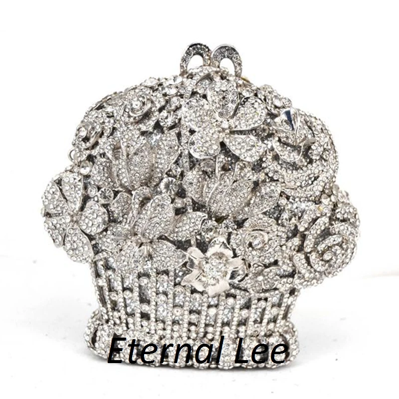 

Dazzling Rose Yellow Silver Flower Crystal Clutch Evening Purse Bag Women Formal Dinner Handbag Wedding Bridal Purse