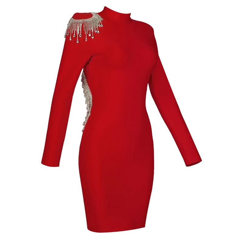 

Free Shipping High Quality red round neck long sleeve Rayon Bandage Dress Elegant Club party dress Vestidos