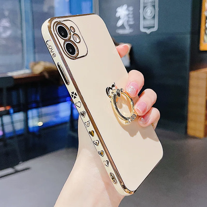 

Love Heart Plating Finger Ring Holder Phone Case For iphone 12 Mini 11 Pro XS Max 8 7 Plus XR X SE 2020 Silicone Back Cover
