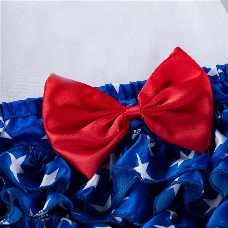 

Baby Girls Independence Day Outfit 2Pcs, Summer Letter Printing Short Sleeve Round Collar Romper + Star Shorts + Bow Headwear