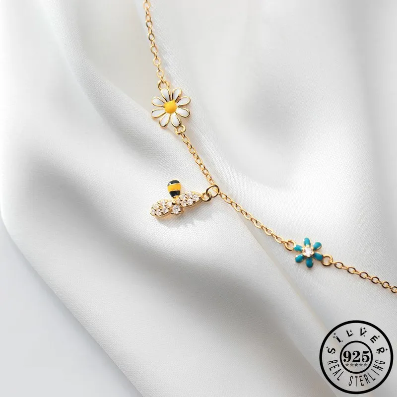 

925 Real Sterling Silver Zircon Honeybee Bead Bracelet Statement Gold Color Plated Chain Sweet Flower Shape Bracelets for Women