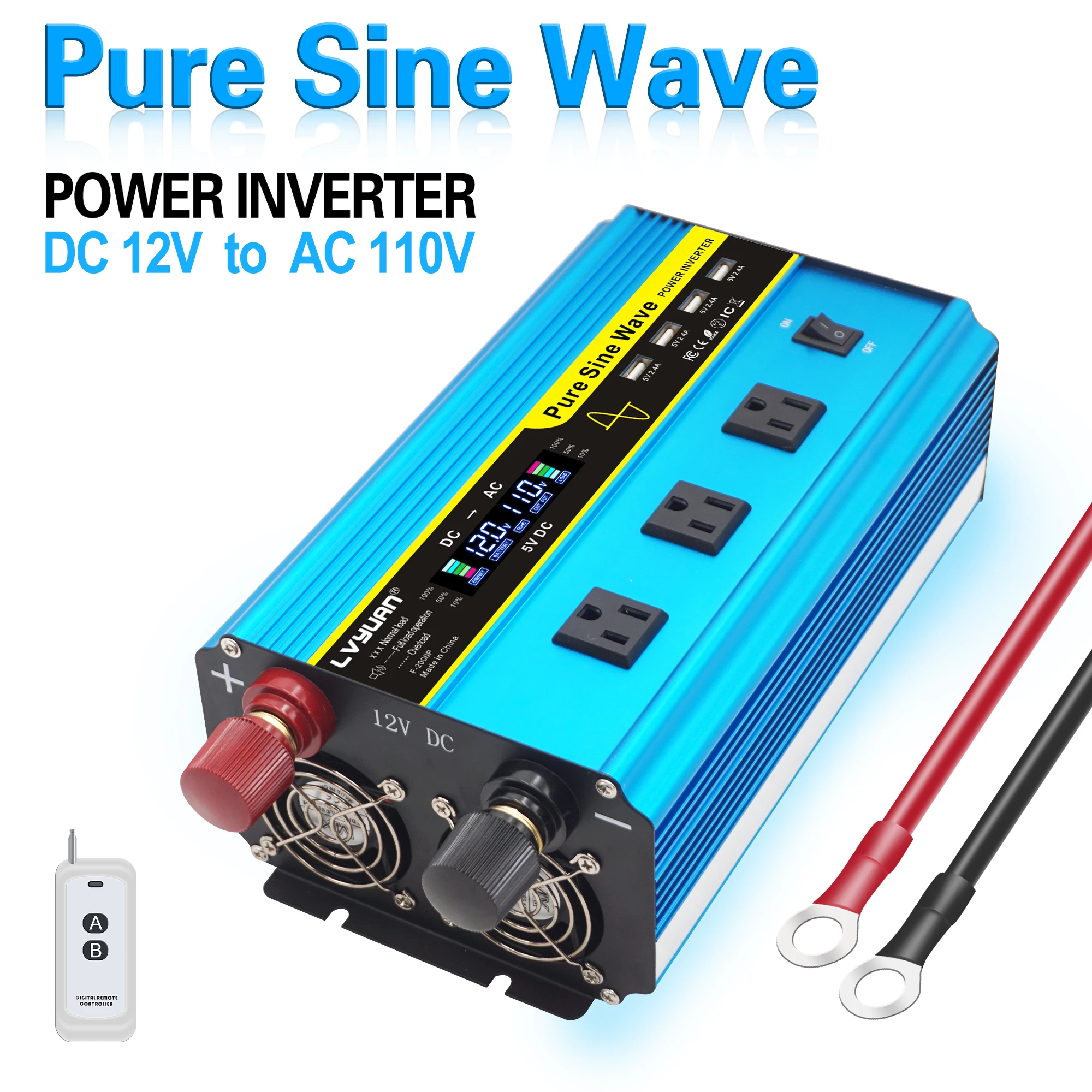 

2000W/4000W LCD Pure Sine Inverter DC 12V to AC 100V 110V Remote Control Voltage Display Converter Transform Multiple US Socket