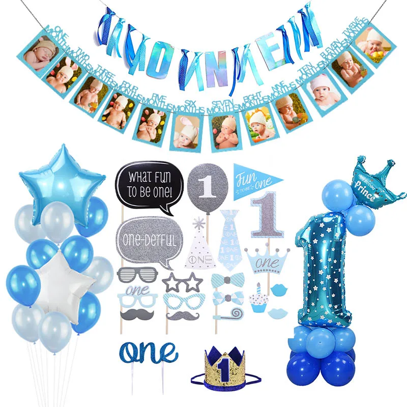 

1st First Birthday Boy Party Decoration Balloons Set Foil Number Balloon Banner First Baby Party Decorations Kids My 1 One Year