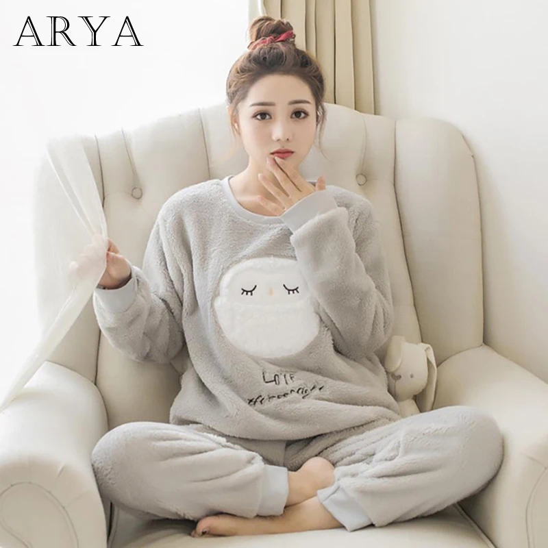 Зимний женский плотный фланелевый теплый зимний пижамный комплект с длинным