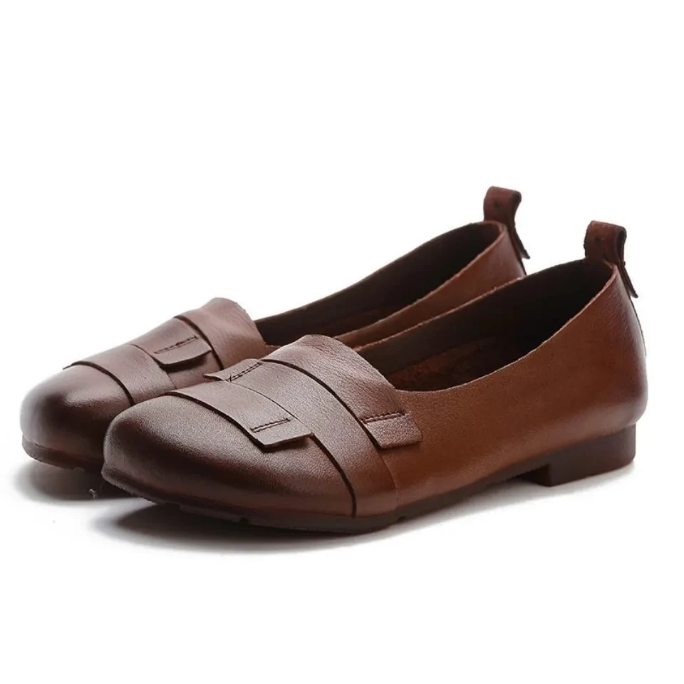 

Designer Retro Flats Woman Soft Leather Loafers Female Casual Sewing Patchwork Spring Shoes Mom Black Moccasins