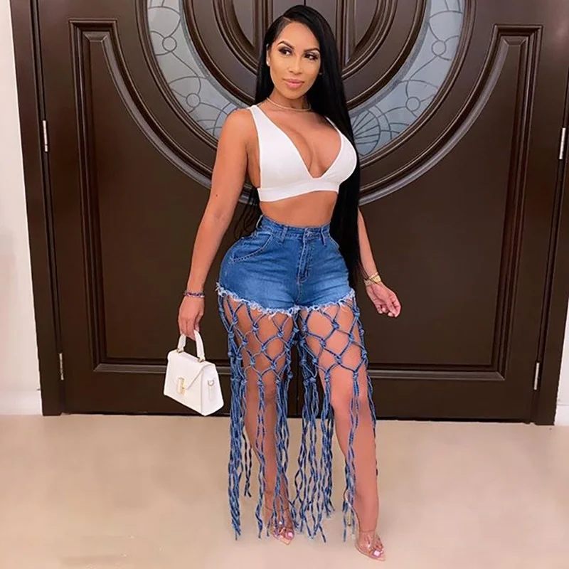 

Women Jeans High Waist Hollow Out Elastic Tassel Denim Pants Shorts Female Casual High Street Sexy Trousers New Indie Style 2021