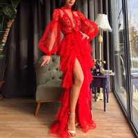 fashion party mesh dress transparent puff sleeve summer sexy elegant clubwear maxi dress vestidos red robe longue femme 2021