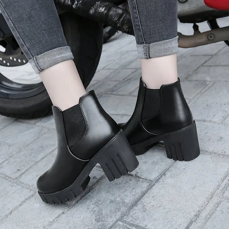 Женская обувь искусственная кожа высокий каблук черные зимние ботинки женская