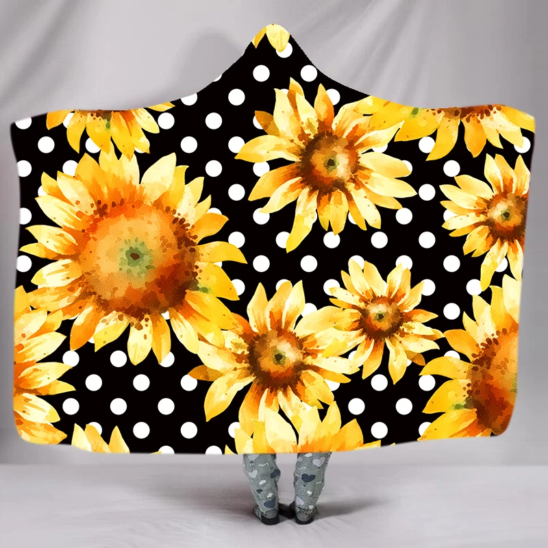 

Beautiful Sunflower Hooded Blanket Adults Floral Sherpa Fleece Wearable Plush Throw Blanket on Bed Sofa Thick Warm
