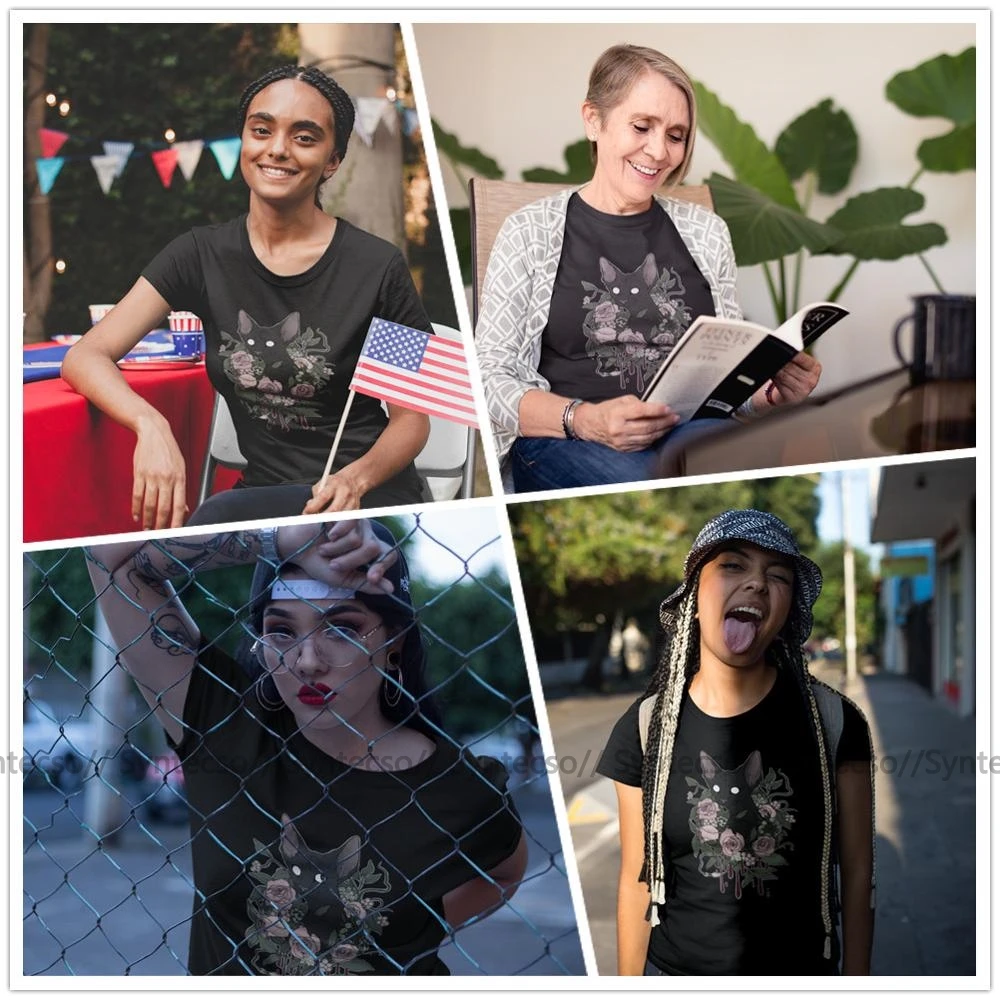 Футболка со сфинксом темно с цветочным рисунком кошачьих футболка каваи большой