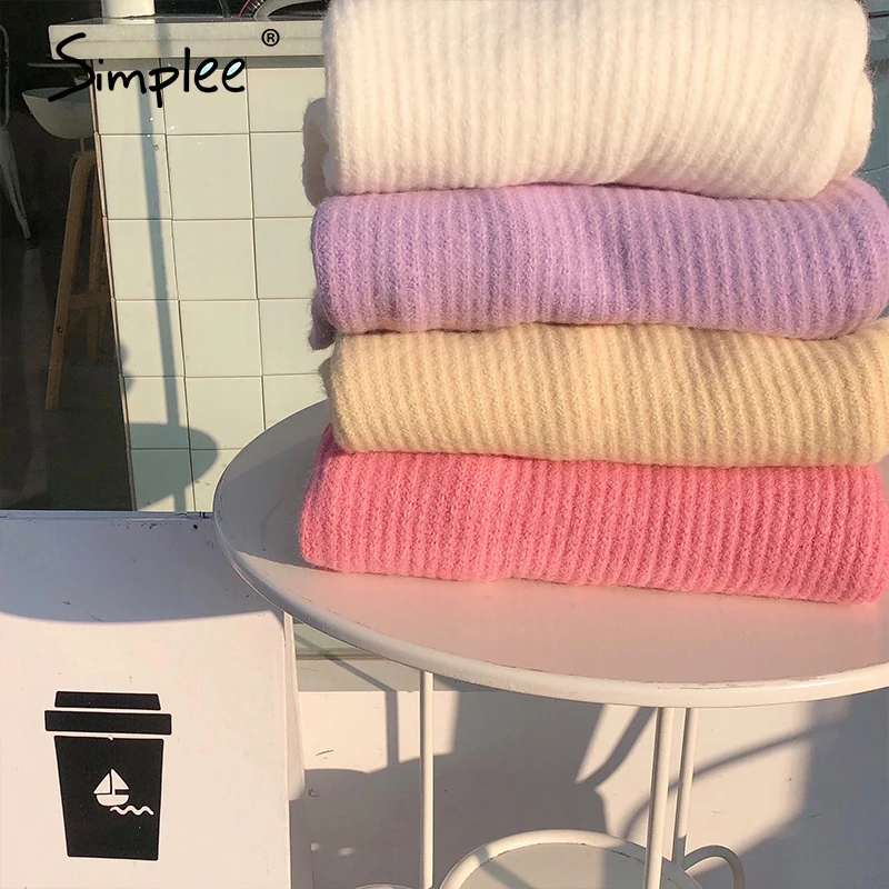Simplee Autumn winter women's purple sweater Casual simple fashion knitted pullover Pink drop shoulder sleeve o-neck | Женская