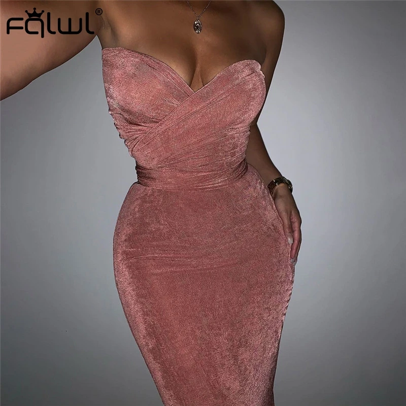 FQLWL Strapless Pink Sexy Bodycon Dress Women Off Shoulder Backless Wrap Midi Autumn Ladies Celebrity Club Party Dresses | Женская