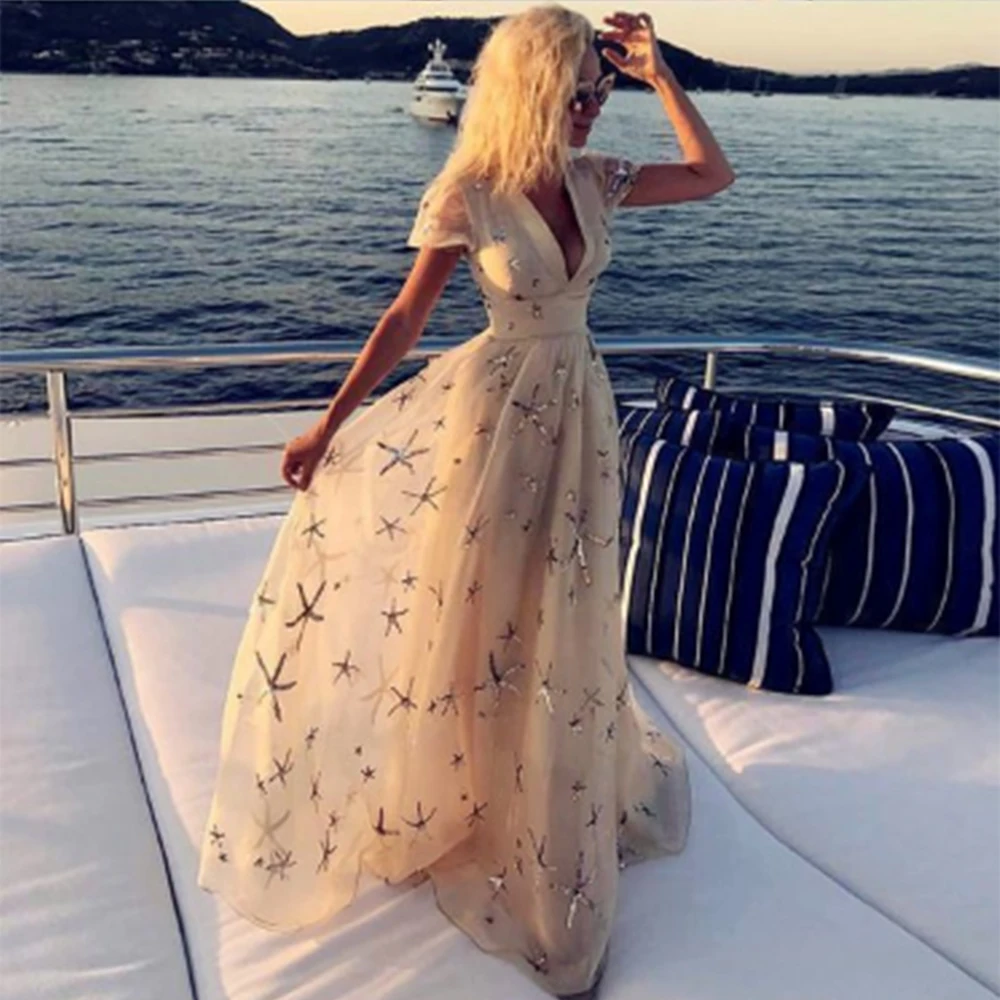 Женское Сетчатое платье абрикосового цвета длинное пляжное с глубоким V-образным