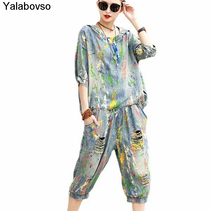 Hiphop  Two Piece Set Short Sleeve Hooded Casual Tracksuit Women's 2021 New Summer Fashion Print Elastic Waist Pants And Tees