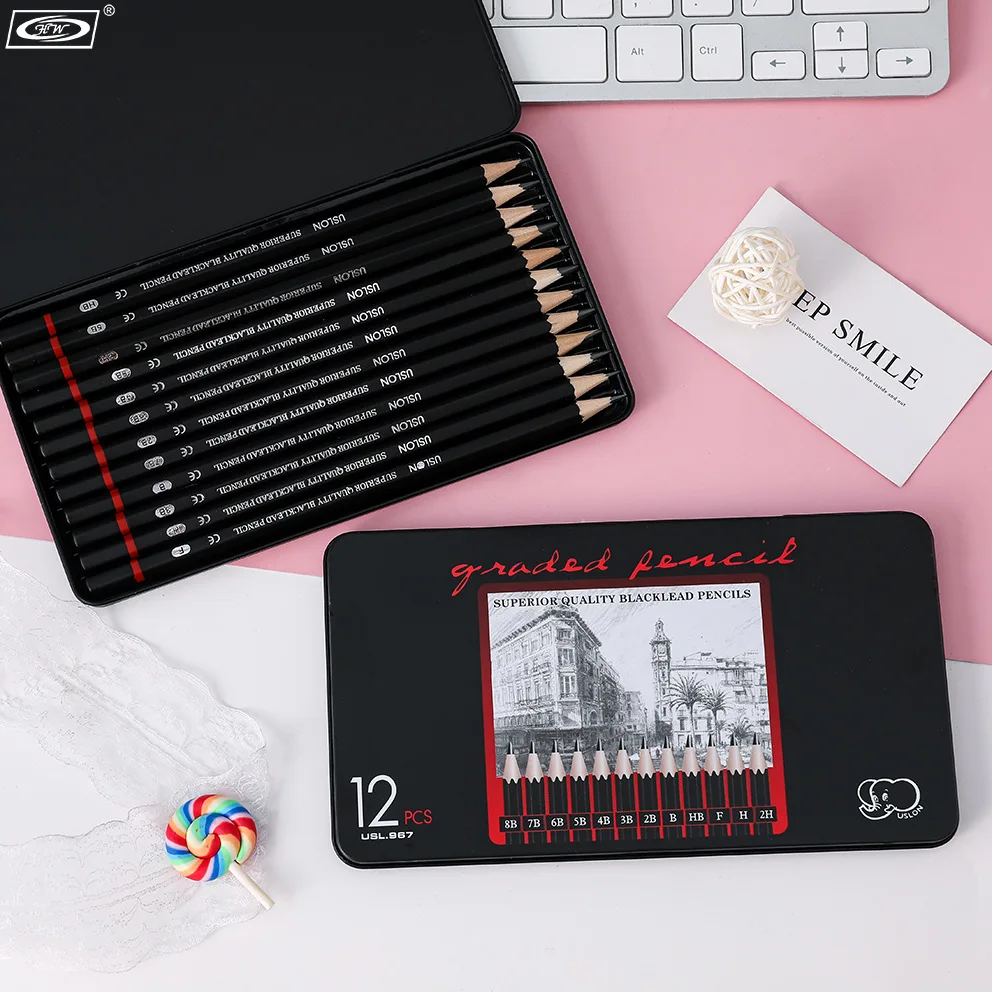 Набор карандашей 2h-8b для рисования 12 шт. в железной коробке | Простые карандаши