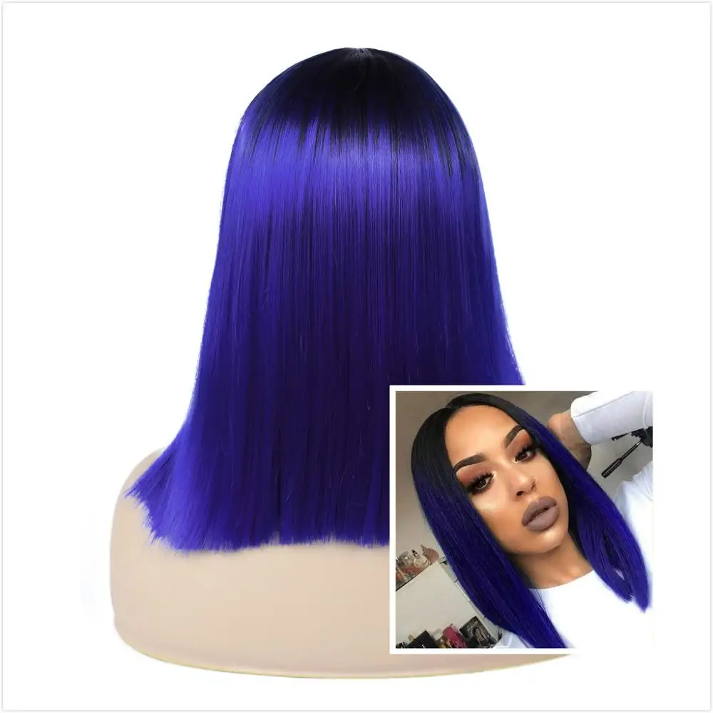 FAVE парик парики женские короткие прямые Ombre Боб черный пепельный Лен коричневый розовый синтетические парики для черных женщин 12 дюймов средняя часть Glueless Косплей парики - Цвет: 1b Blue