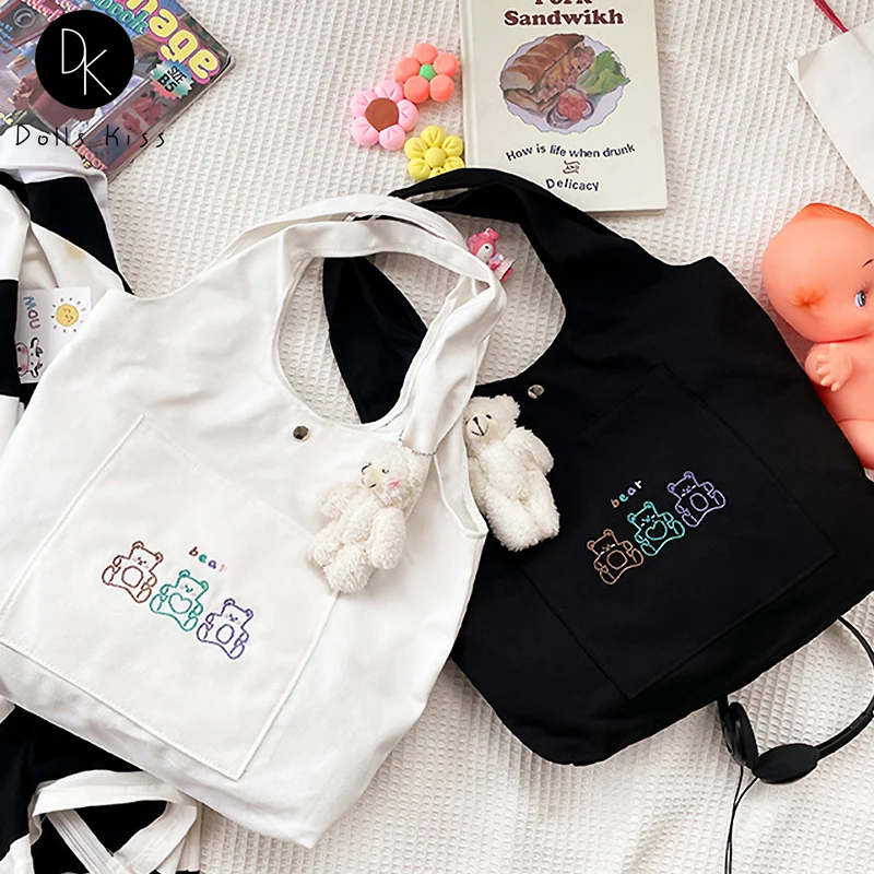 

Ladies Canvas Eco Bag Women Kawaii Color Bear Embroidered Shoulder Bag Casual Grocery Bag Large Capacity Casual Totes for Girls