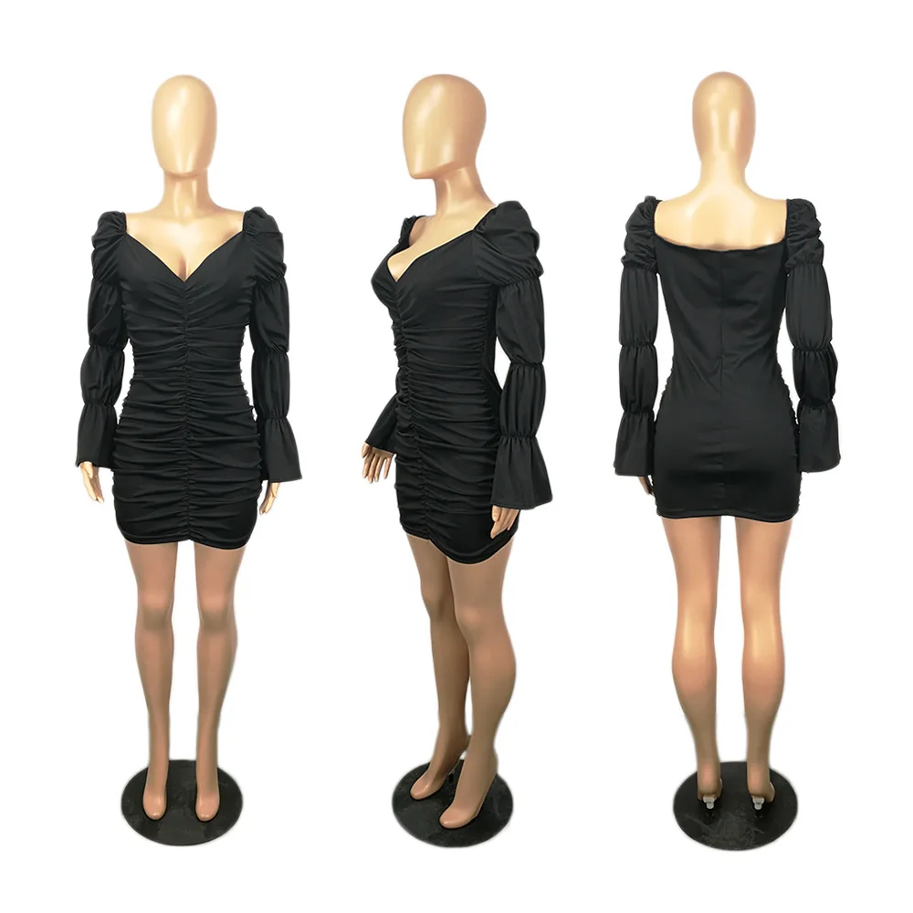 

Flare Sleeve Sexy V Neck Dress Women's Plus Size Autumn Clothing Solid Color Pleated Backless Sheath Mini Dress Vestidos Mujer