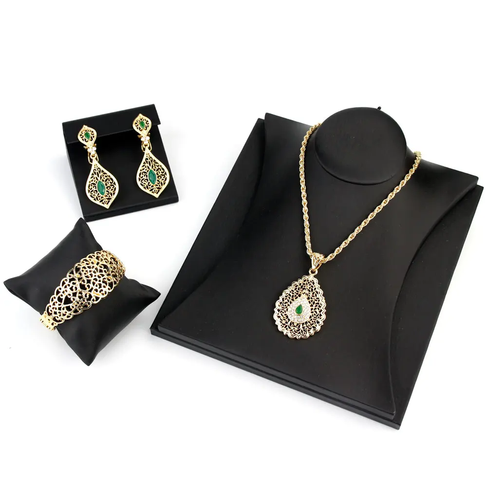 

Elegant Algeria Wedding Jewelry Sets Women Earring Necklace Cuff Bracelet Bangle Arab Gold Color Bijoux Bride Gift