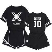 kpop x1 group combine short sleeve broad short legs pants suit woman x one short sleeve suit twinset sports pants