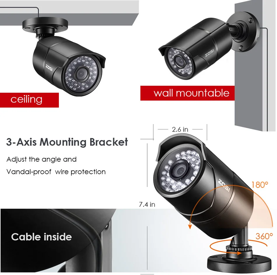 ZOSI 1080P 4-в-1 CVBS AHD CVI 1/3 2MP CCTV домашнего видеонаблюдения Всепогодный 3,6 мм объектив с фильтр, отсекающий ИК-область спектра, Пуля безопасности Камера