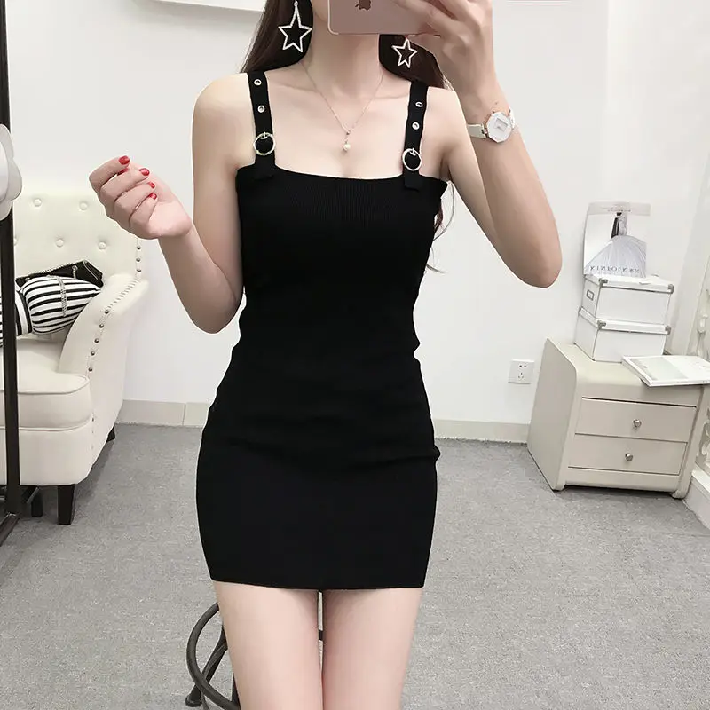 

Sexy Bodycon Dresses Women Knit Black White Party Mini Dress Nightclub Adjustable Suspender Lace Slim Vestidos Mujer Verano 2021