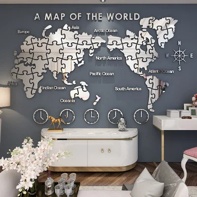 Mirror silver Креативные DIY геометрические карты мира INS chidren's room, спальни, гостиной, ТВ задний план, украшение стены, 3D акриловая Наклейка на стену - Цвет: Mirror silver