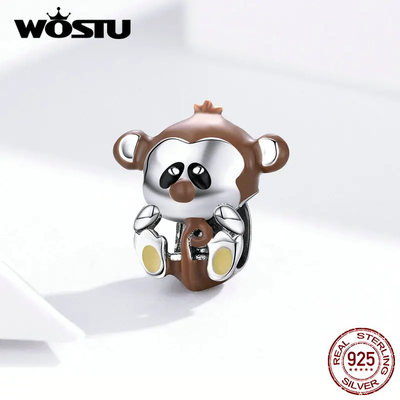 WOSTU настоящий 925 пробы Серебряный озорной обезьяны животных Бусины коричневый талисманы подходят браслет ожерелье для женщин ювелирные изделия FNC125