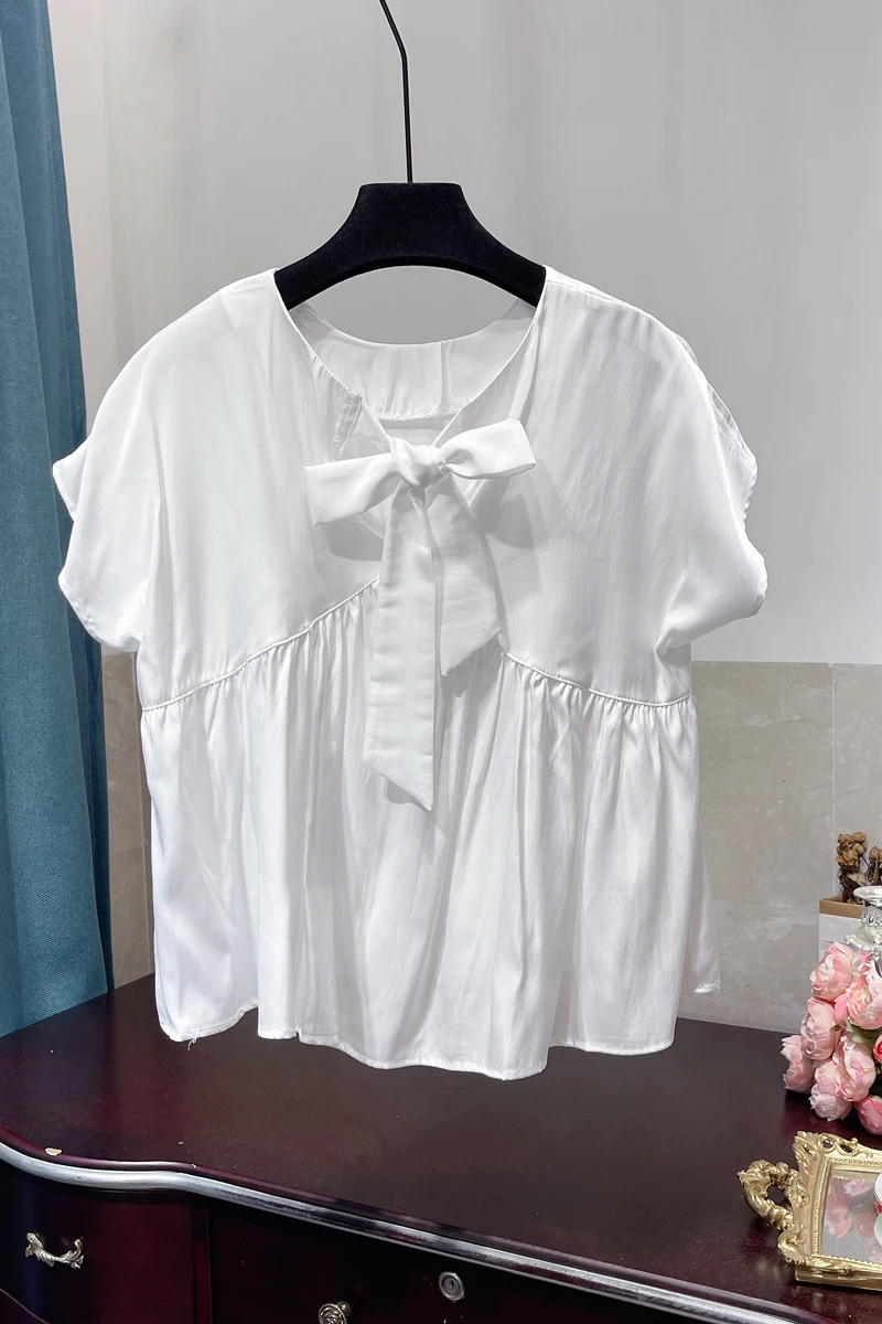 

2021 Summer Thin Tencel Top Sweet Fresh Korean Style Blouse Wooden Ear Back Bow Loose Blusas Lace-up Baby Shirt Top for Women