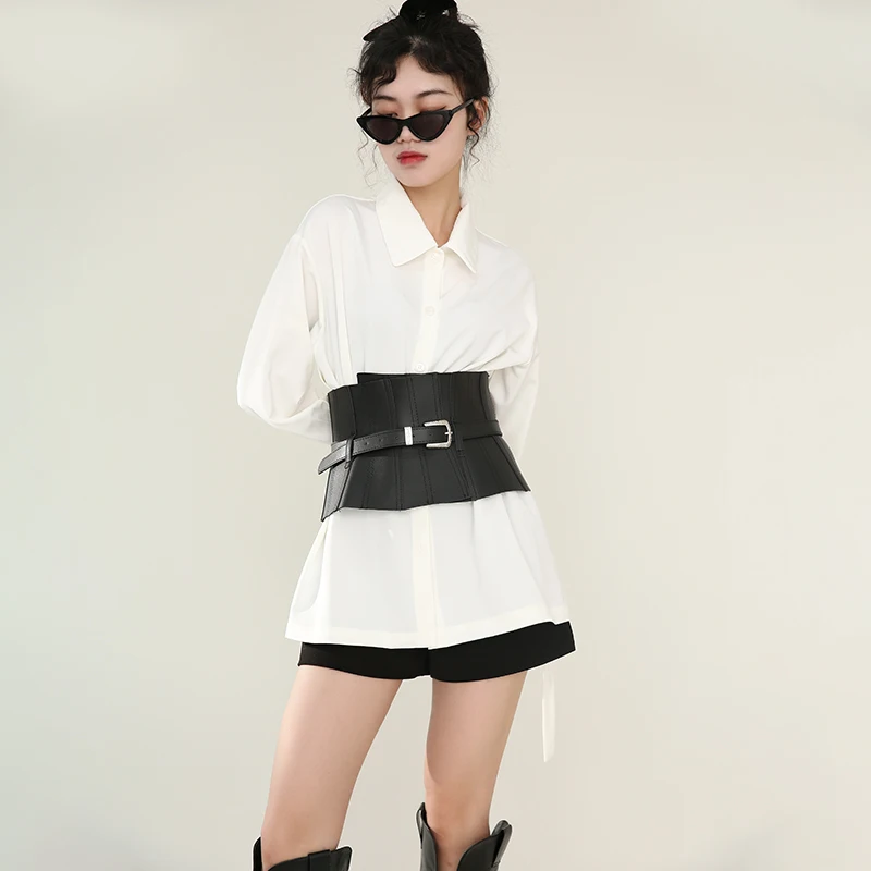 

[EAM] 2021 New Spring Summer Pu Leather Black Ruffles Buckle Split Joint Personality Wide Belt Women Fashion All-match JW17901