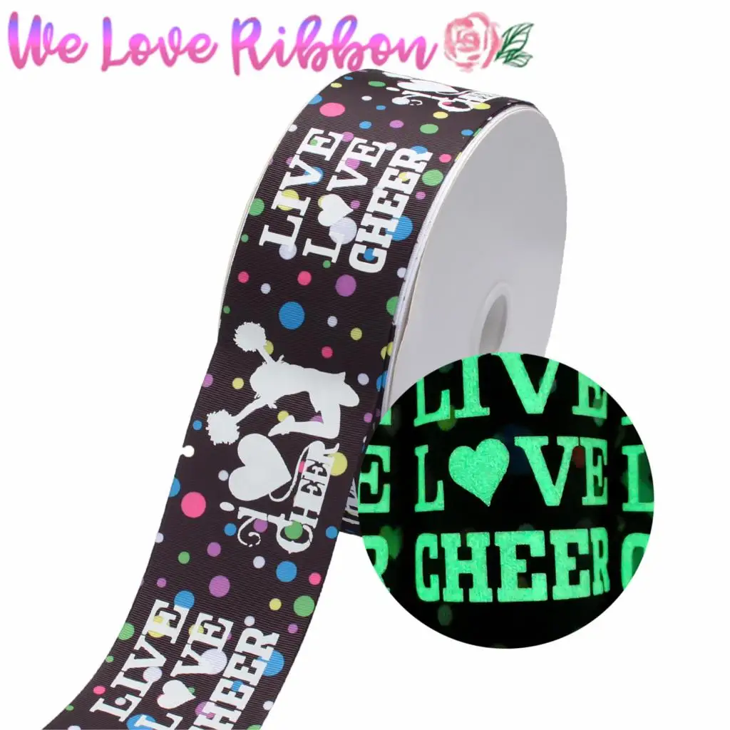 3&quot75mm &quotLive Love Cheer&quot White Ink Printing Glow in the Dark Wave Heart Dots Printed Grosgrain Ribbon DIY Hair Band 50yards/roll | Дом