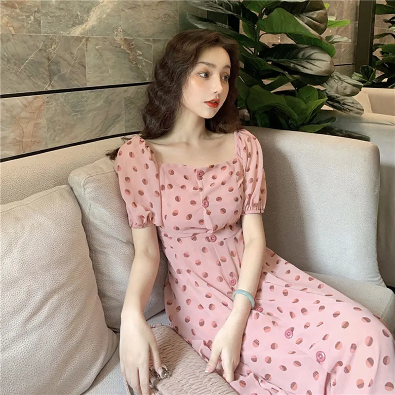 

new Korean version of the French wave point short-sleeved dress women's temperament French orange terrier skirt fairy skirt