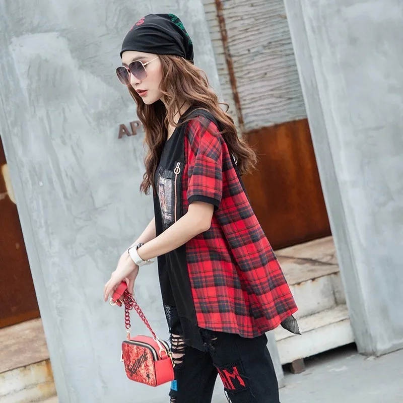 Летняя Свободная Женская Лоскутная футболка клетчатые повседневные топы с