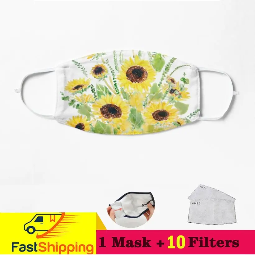 

Маска с подсолнухами и листьями, Пылезащитная, многоразовая, моющаяся