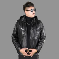 genuine mens leather jacket top layer cowhide hooded short oil wax leather spring autumn winter leisure leather coat