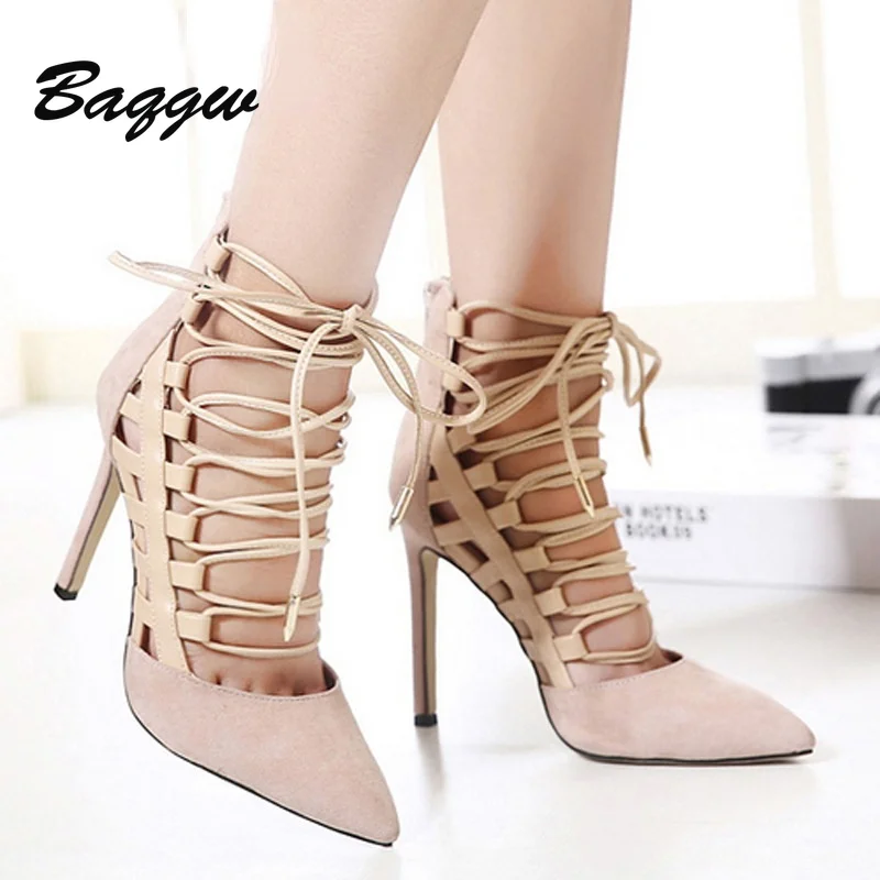 

Женские замшевые босоножки на высоком каблуке, однотонные босоножки с острым носком и перекрестной шнуровкой, модная простая обувь на высо...