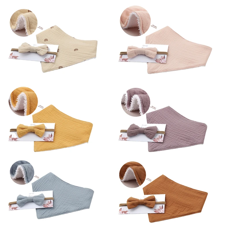 

2 Pcs Baby Girls Elastic Bow Headband Saliva Towel Set Princess Bowknot Hair Band Bib Kit Soft Cotton Solid Color Feeding
