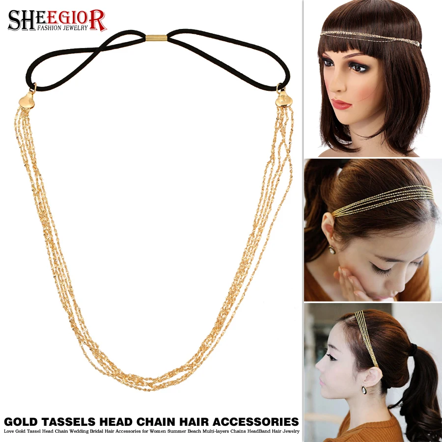 Love Gold color Tassels Headband Hair Accessories for Women Elastic-Rope Head Chains Wedding Bridal Hair Jewelry Friendship Gift