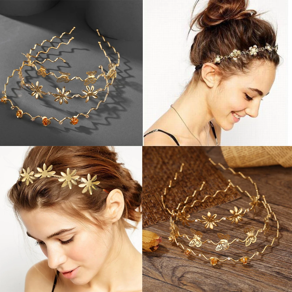 

1pcs New Fashion Women Gold Metal Pentagram Butterfly Rose Flower Head bands Hairbands Elegant Headdress For Wedding Party