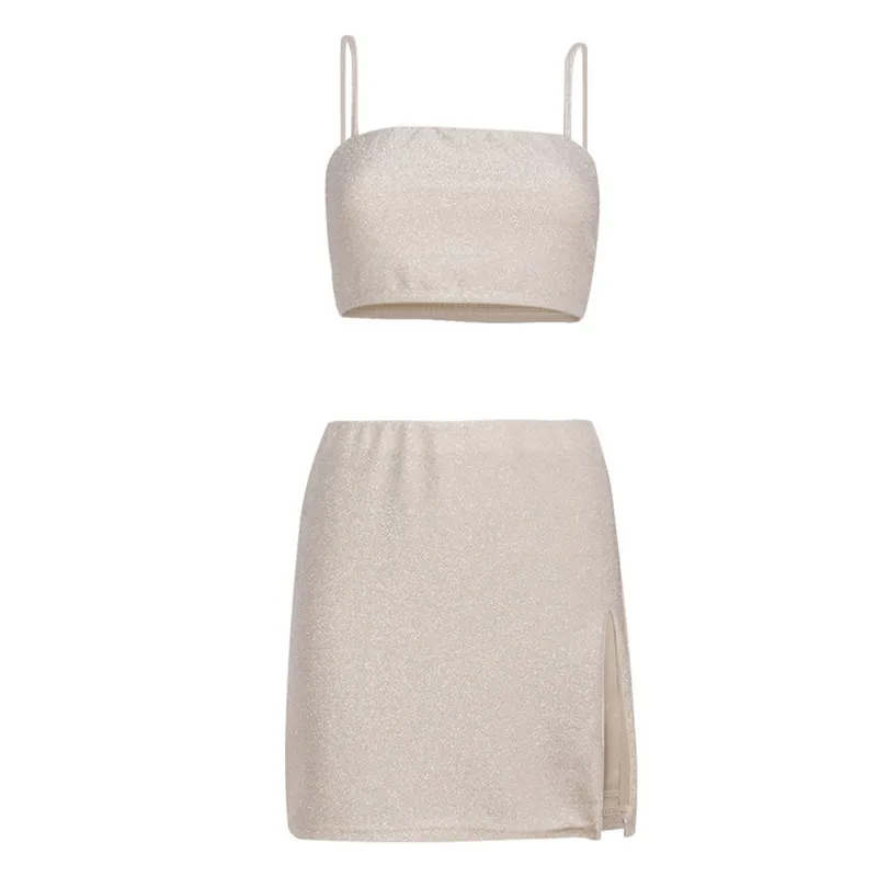 

Neon Black Backless Dress Two Piece Set Club Outfit Women Spaghetti Strap Crop Top And Mini Split Skirt Sexy Summer