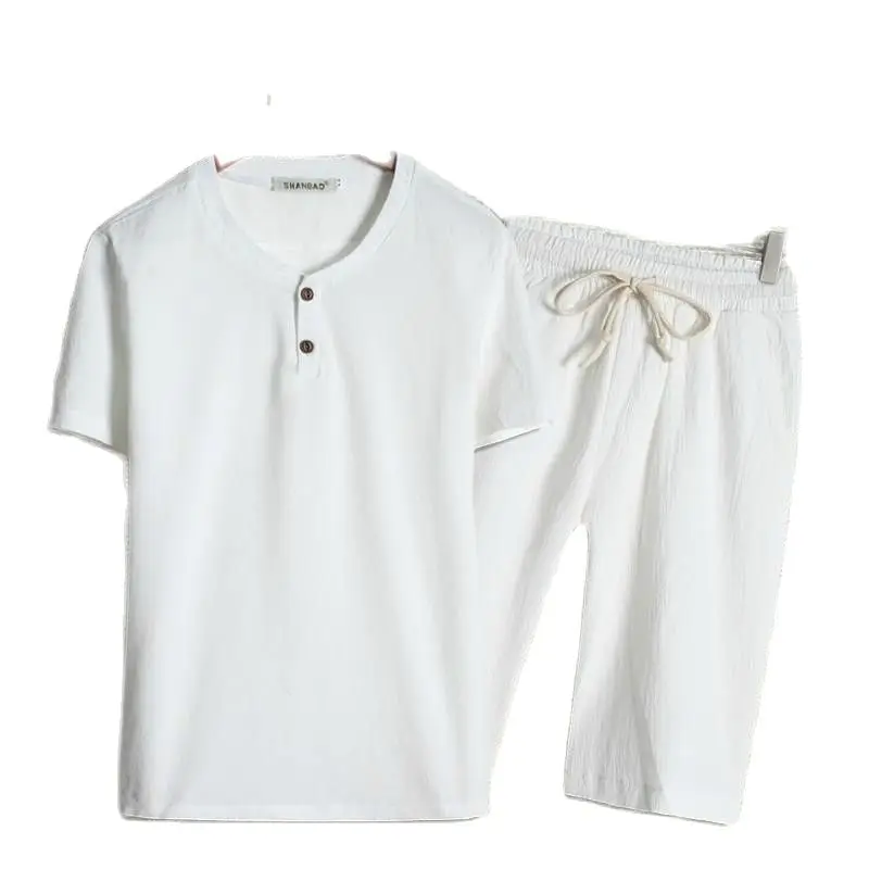 

Summer linen short-sleeved T-shirt + shorts two-piece suit men's set comfortable breathable thin cotton and linen casual suit