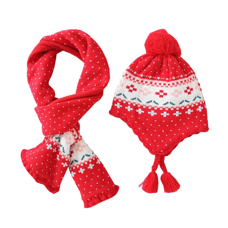 Новая зимняя толстая детская одежда Шапка Милый цветок Красный шарф Теплая шапка для девочек Дети Рождественский подарок Фото Реквизит