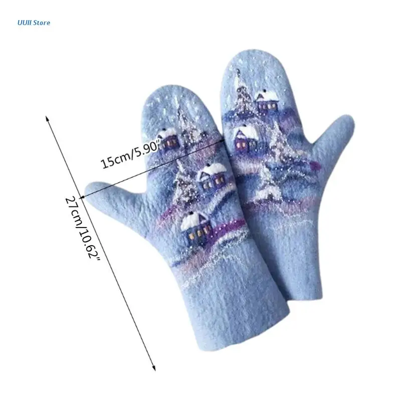 

Women Winter Faux Cashmere Full Finger Gloves Christmas Landscape Houses Tree Print Thicken Warm Outdoor Windproof Thermal Gifts