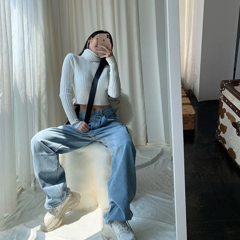 

New Vintage Asymmetrical Waist Hole Straight Jeans Womens Loose Denim Pants 2021 Casual Wide Leg Pants Streetwear Mom Jeans