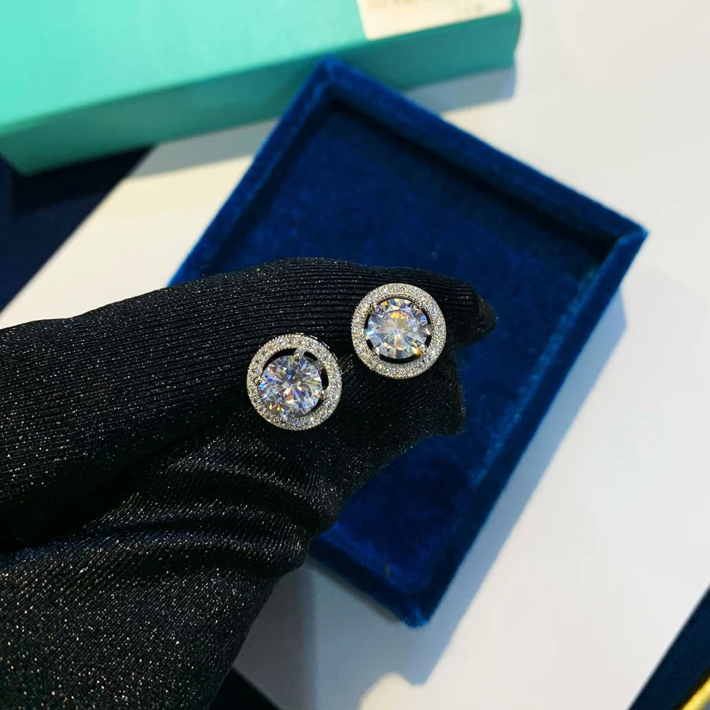 Серьги женские круглые из серебра 100% пробы 1 карат с имитацией бриллианта