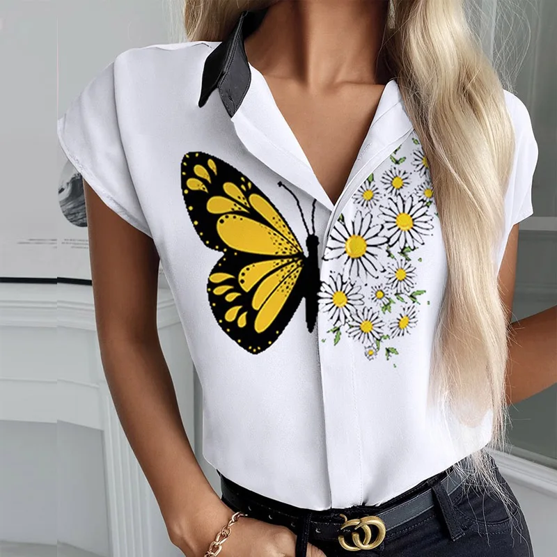

Casual Women Lapel Button Tops Shirts Elegant Print Female Streetwear Blouse Summer Patchwork Short Sleeve Office Ladies Blusa