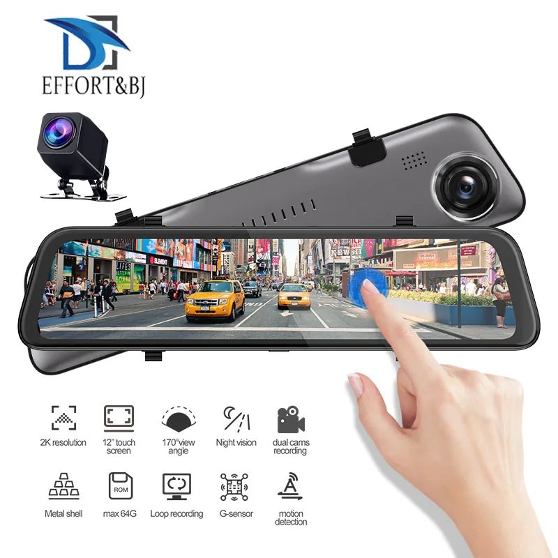 

Effort&BJ 2K Front Car Dvr 12'' 1080P Rear view HD Mirror Camera Dual Lens Video Night Vision Dash Cam Sliding display Recorder