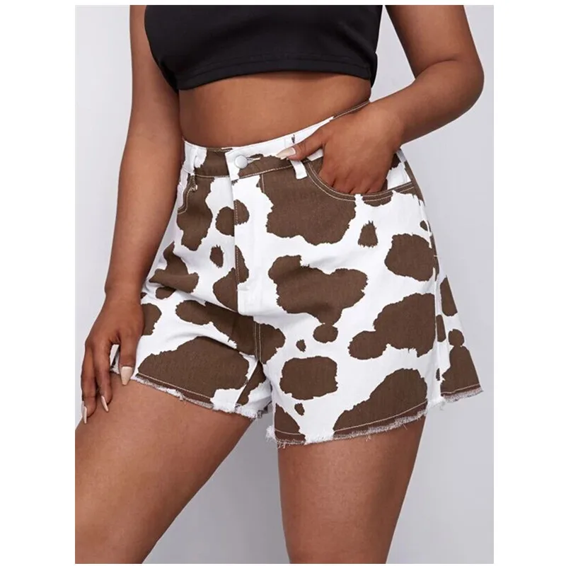 

REPPUNK 2021 Summer Women Loose Denim High Waist Shorts Cow Printed Pattern Female Comfort Straight Pants Black and Brown