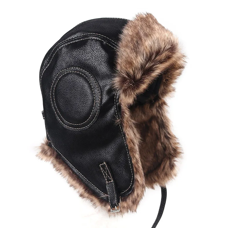 High Quality Russian Leather Bomber Hat 2021 Winter Ushanka Hat Men Women Pilot Trapper Hat Faux Fur Earflap Snow Cap Ear Flaps leather bomber hats