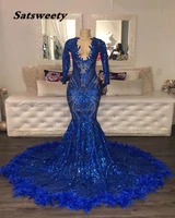 sexy see through long sleeve mermaid prom dresses 2022 v neck royal blue sequined african black girls prom gowns
